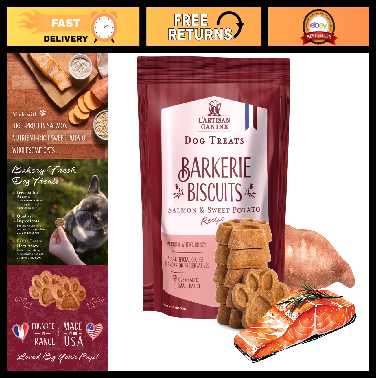 Healthy Salmon & Sweet Potato Dog Treats 8oz | Crunchy Biscuits for All Dogs, Lo0