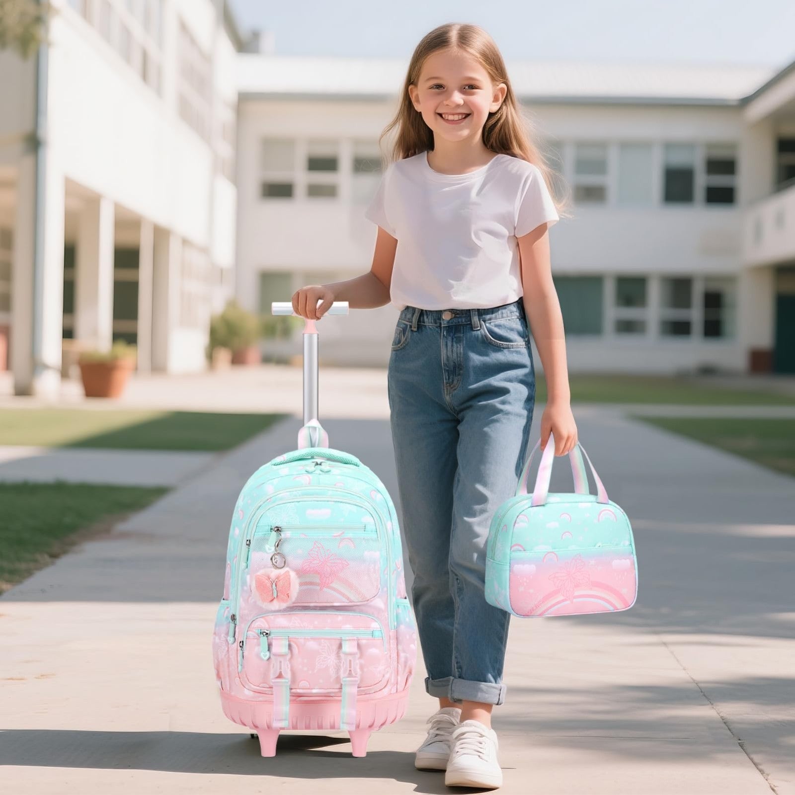 Rainbow Butterfly Rolling Backpack Set for Girls with Lunch Box   3PCS (Green Pi2