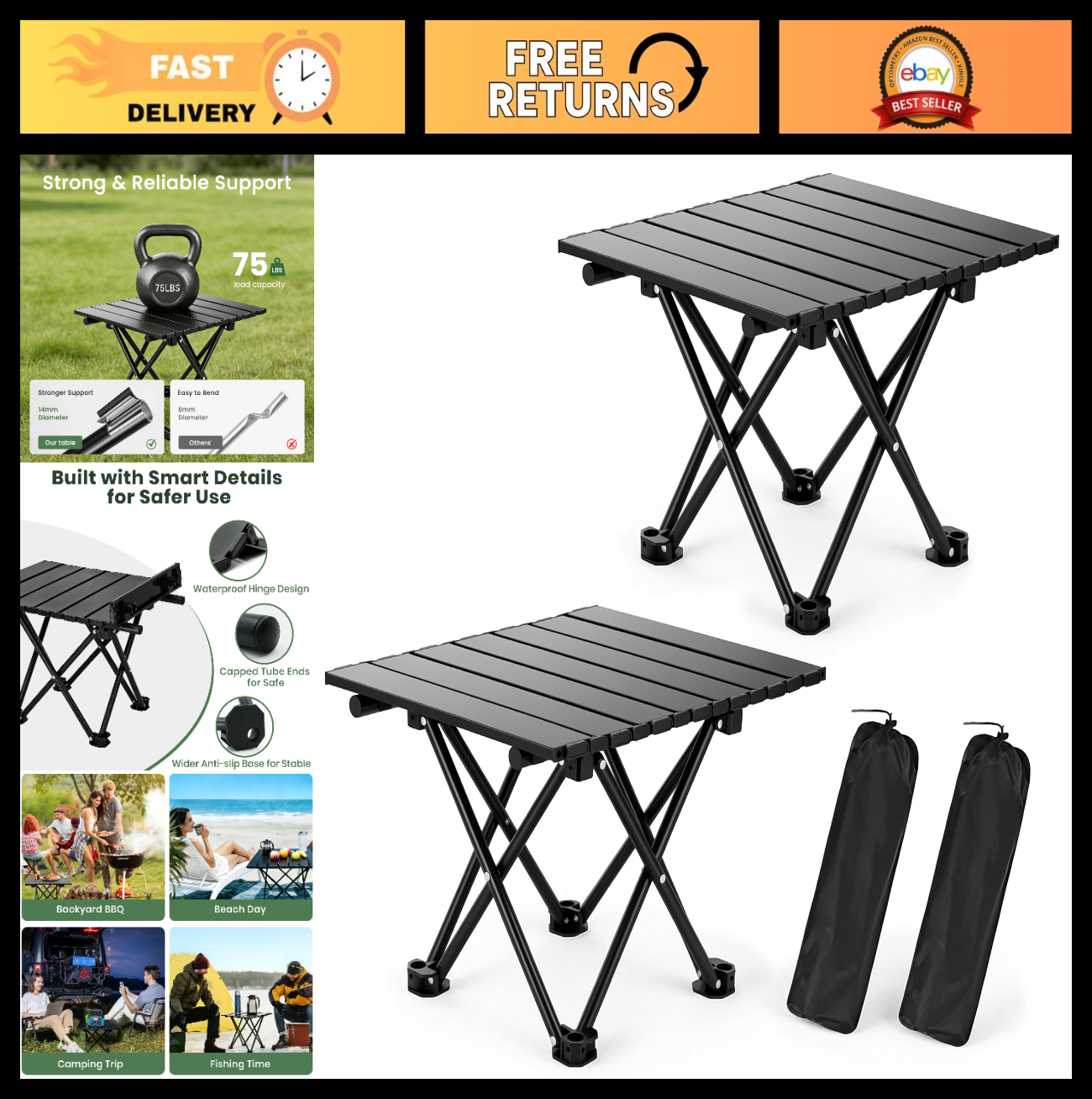 2 Pack Ultralight Foldable Camping Tables - Portable Beach & Picnic Tables with0