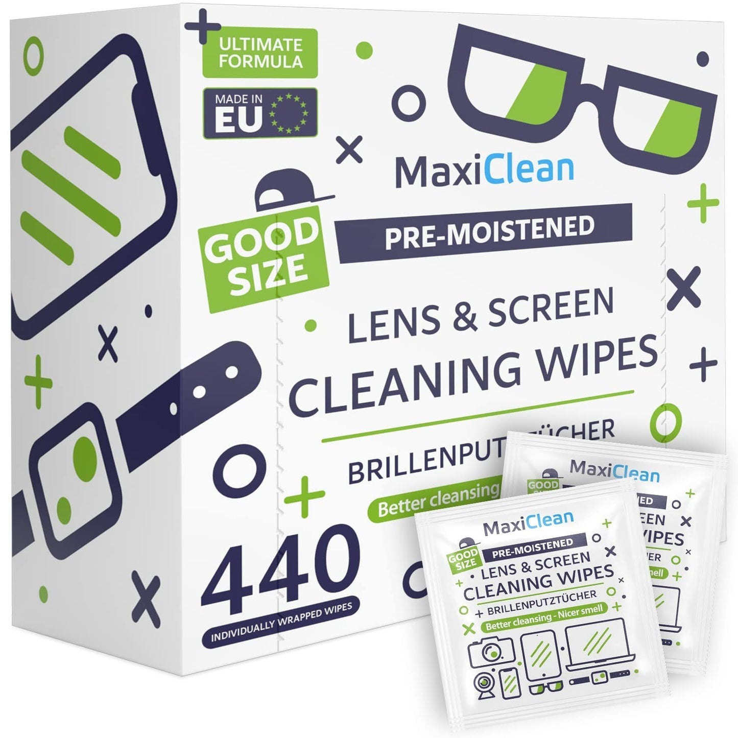 Pre-Moistened Lens Wipes 440 Pack - Streak-Free Glasses & Screen Cleaner, Bulk I1