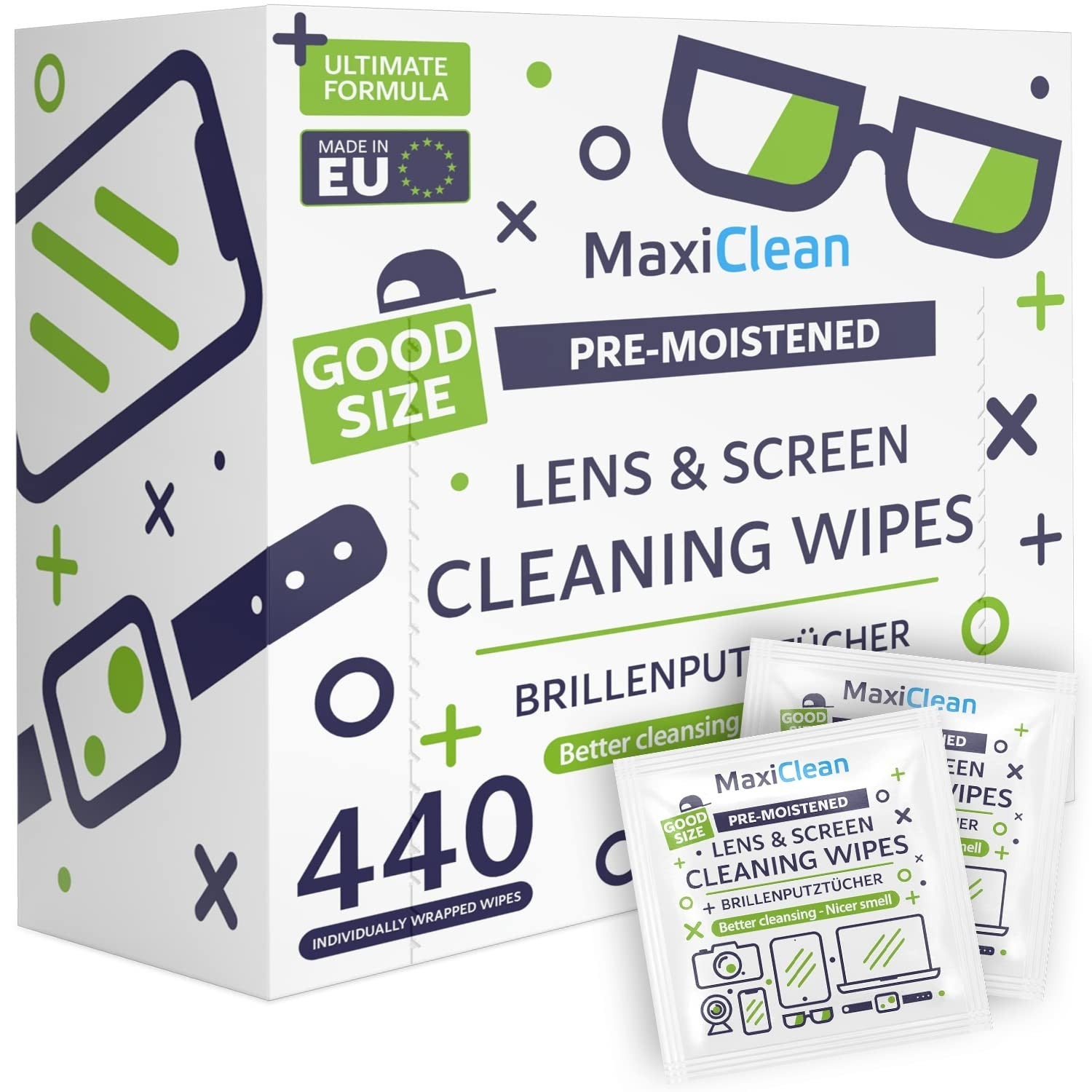 Pre-Moistened Lens Wipes 440 Pack - Streak-Free Glasses & Screen Cleaner, Bulk I1