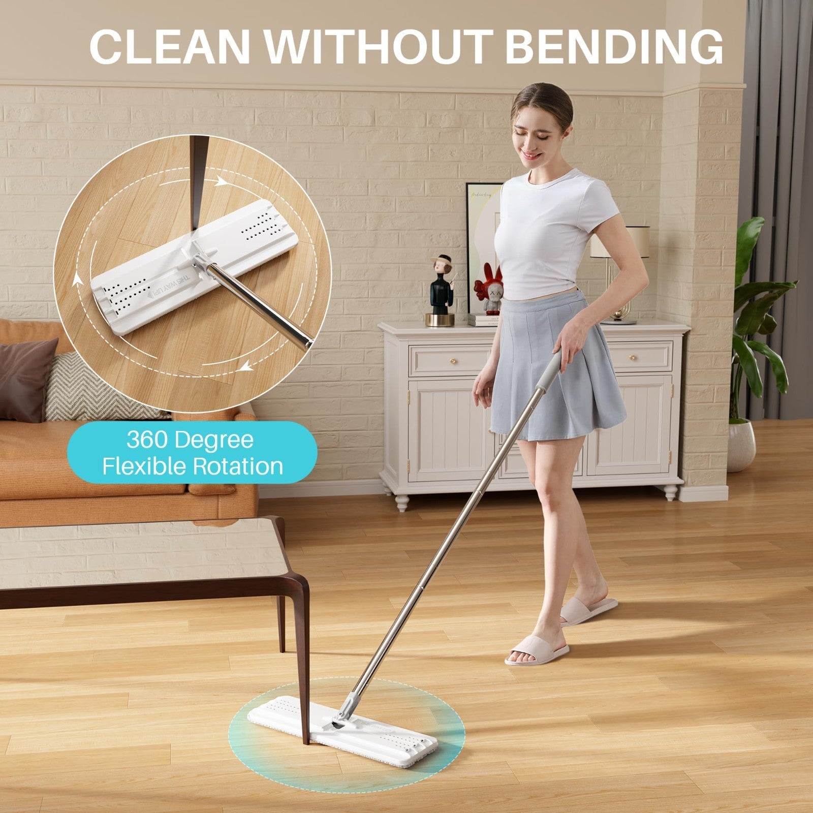 Flat Mop System with Bucket Set, 8L Capacity, Extension Handle, 5 Microfiber Pad4
