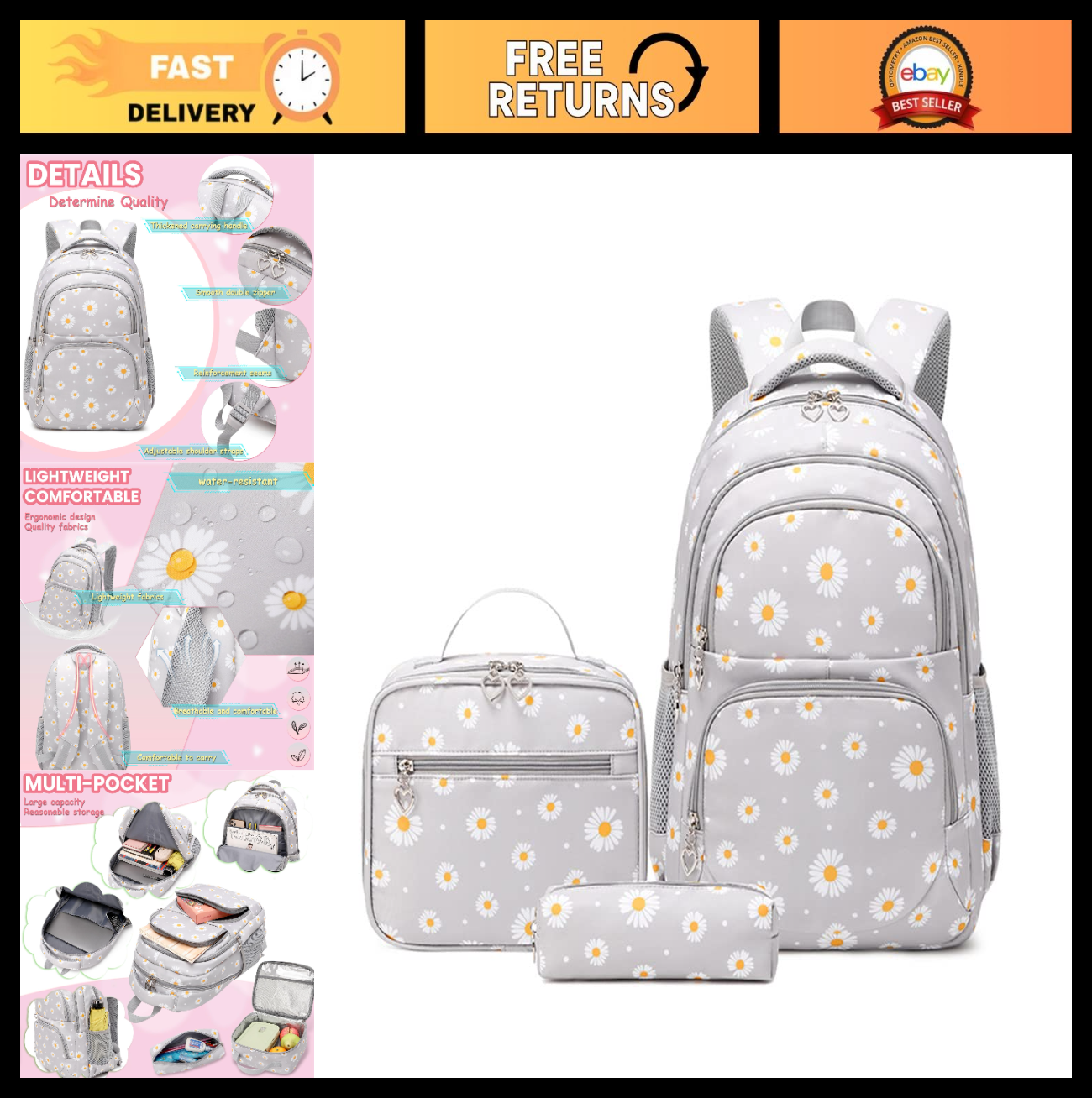 Daisy Print Backpack Set for Girls   3pcs Bookbag with Lunch Box for School, Gre0