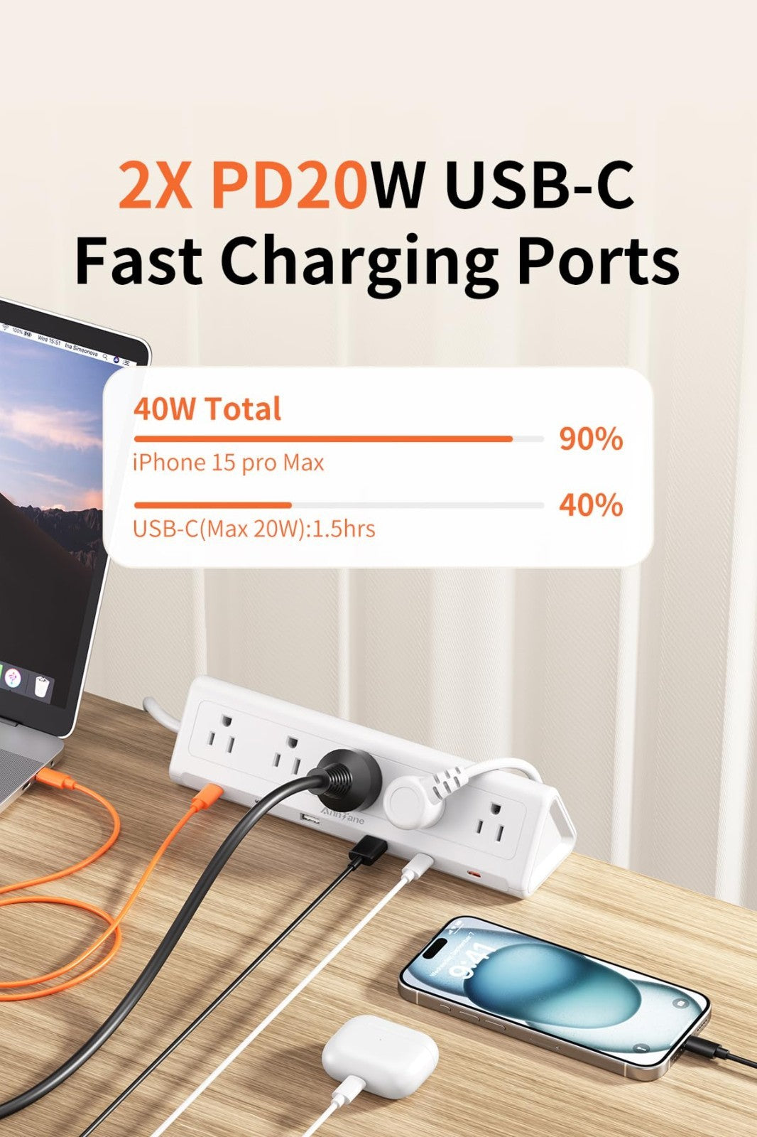 6.5FT Desk Clamp Power Strip   5 AC Outlets, 6 USB Ports, PD 40W Fast Charging5