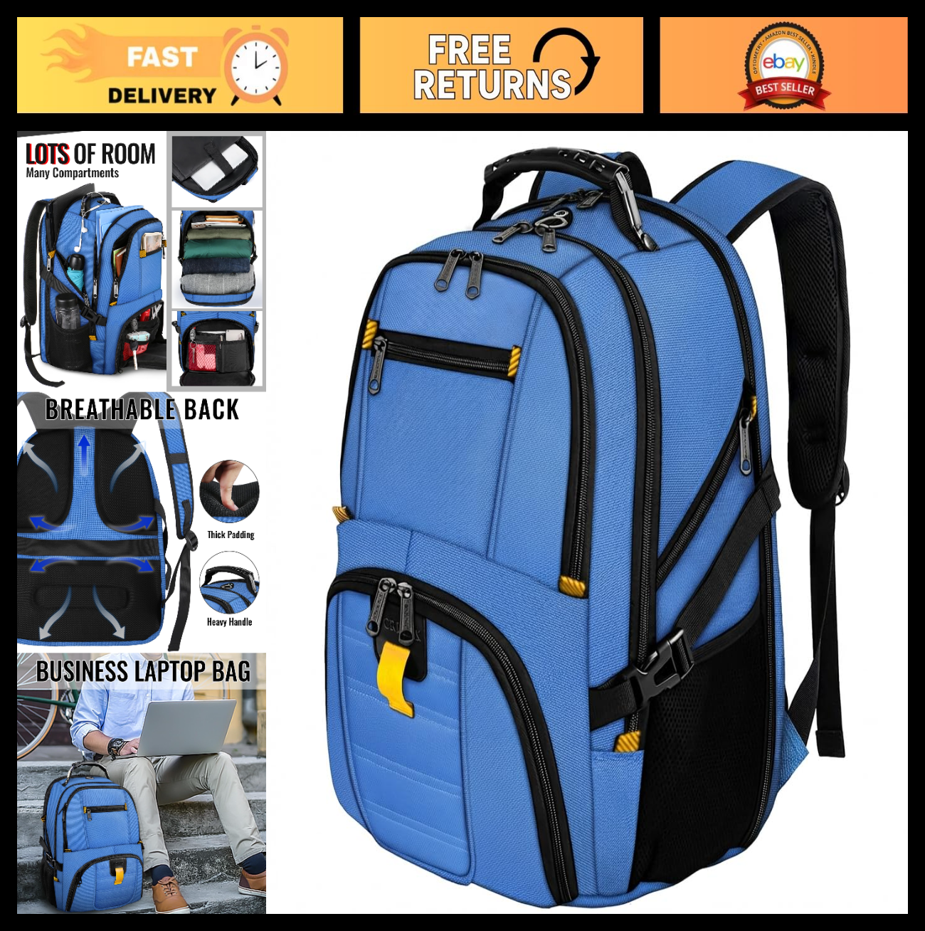 Large Laptop Backpack for Men, Heavy Duty Travel Bag, Waterproof, Multi Compartm0
