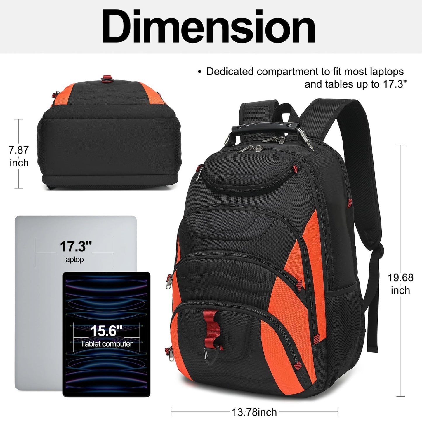 17.3" Waterproof Laptop Backpack with USB Port, Anti Theft Travel Bag, Black/Ora2
