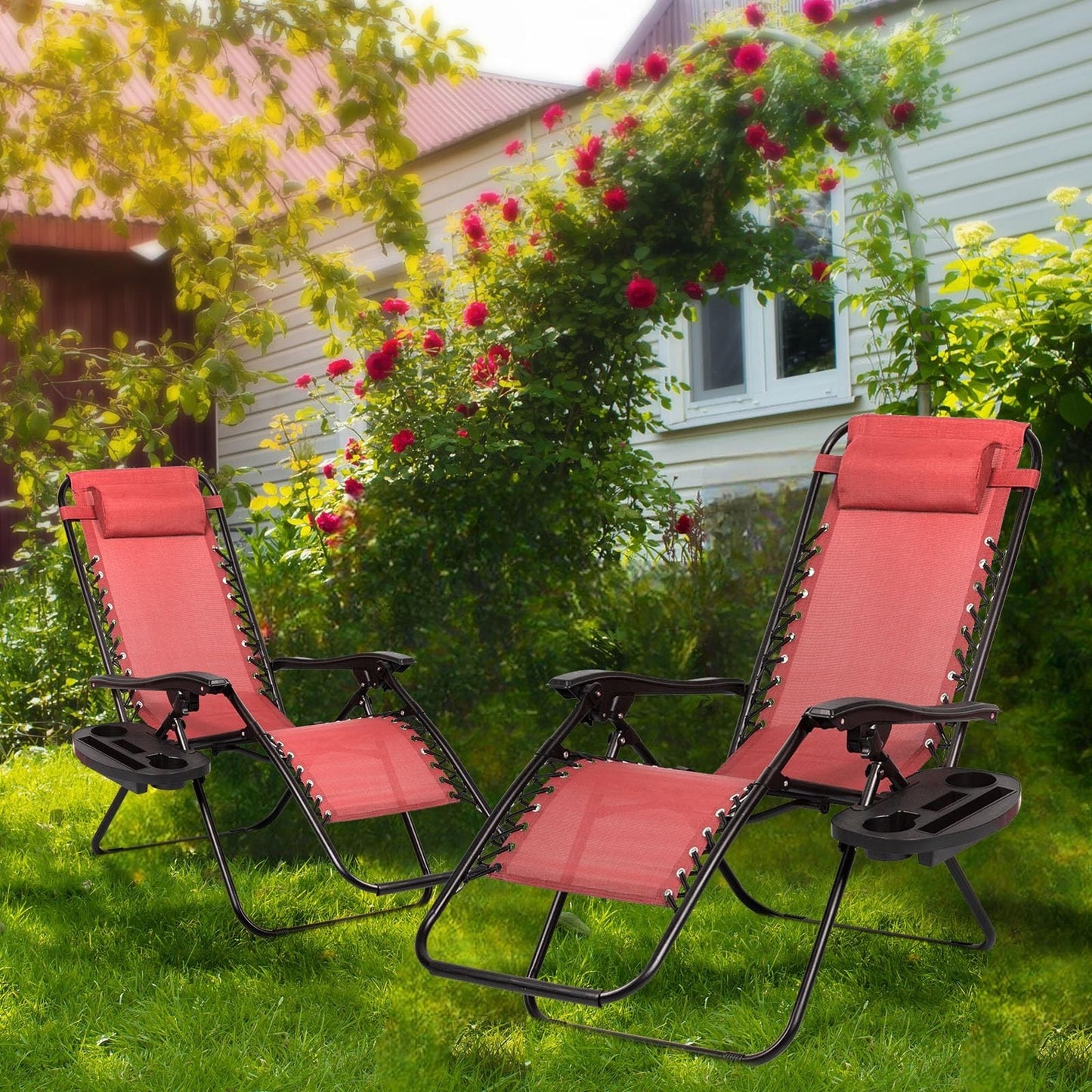 Set of 2 Adjustable Zero Gravity Lounge Chairs   Steel Mesh Patio Recliners with2