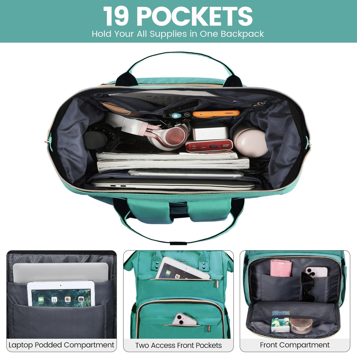 Stylish 18" Laptop Backpack for Women, Waterproof Travel Bag with USB Port, Mint2