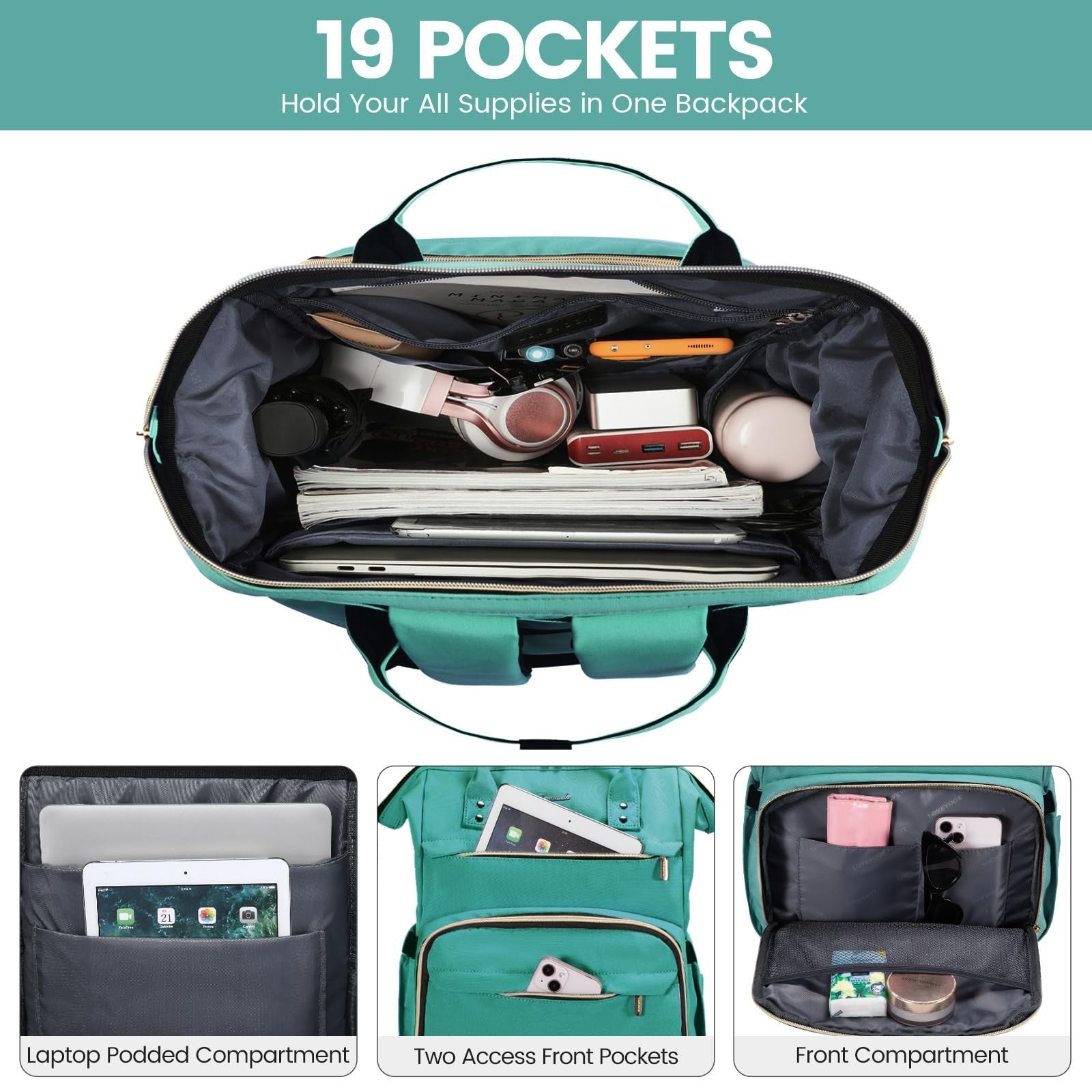 Stylish 18" Laptop Backpack for Women, Waterproof Travel Bag with USB Port, Mint2