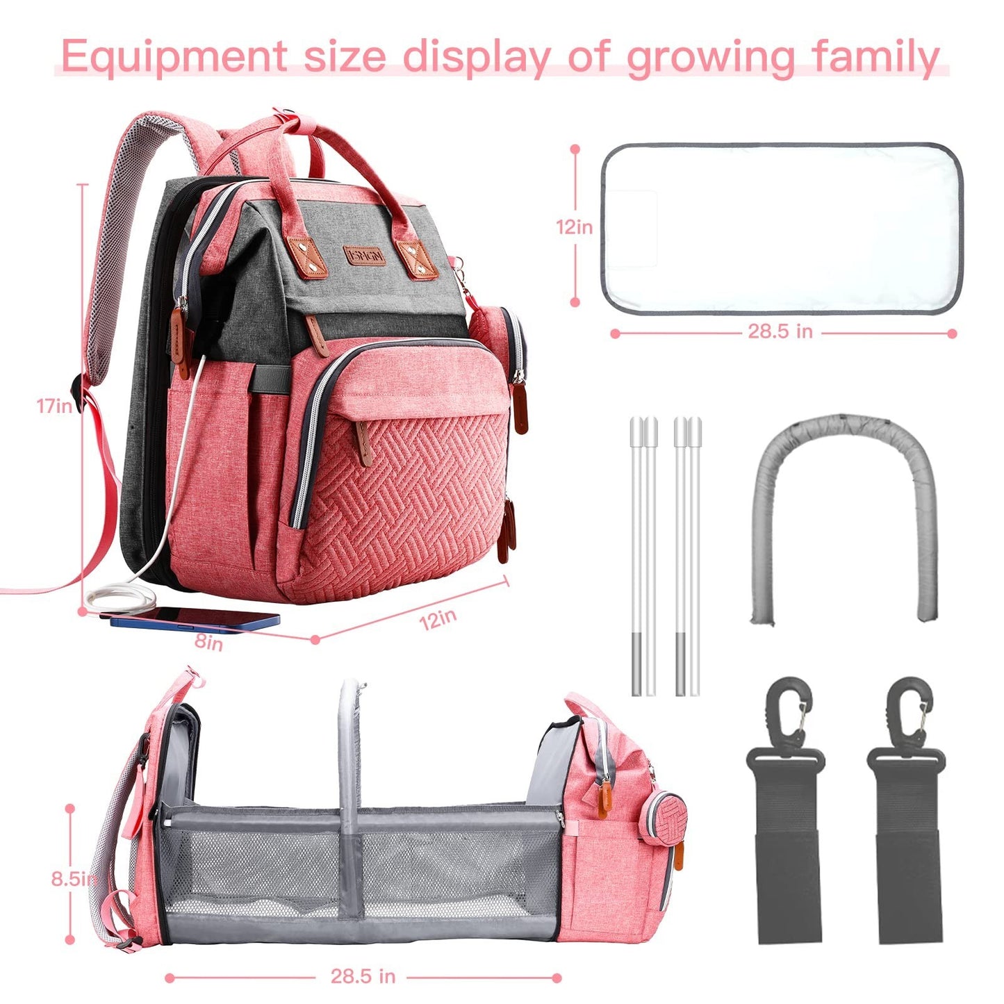 Diaper Bag Backpack with Changing Station, Stylish Baby Bag for Girls, Pink2