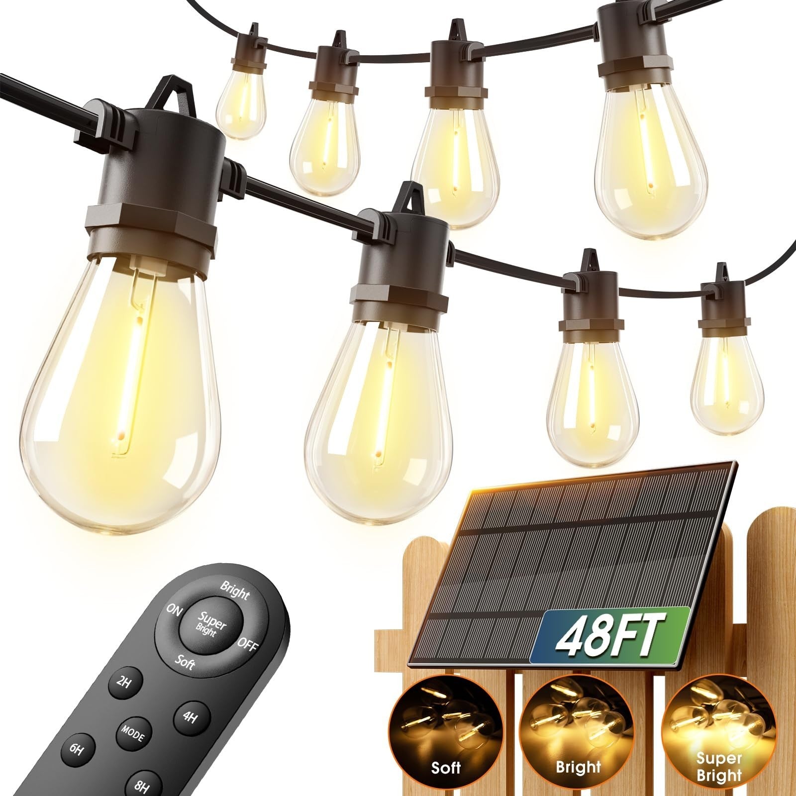54FT Solar String Lights Outdoor, 24 Bulbs, USB Charging, IP65 Waterproof, Dimma0
