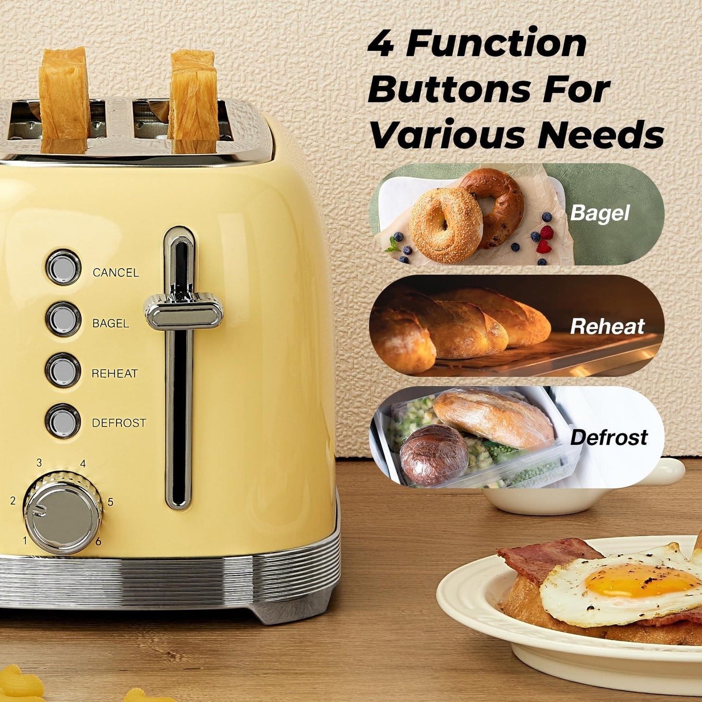 Retro 2 Slice Stainless Steel Toaster   Stylish Yellow Design, Fast Toasting5