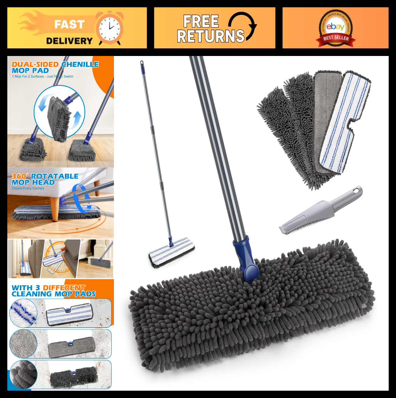 Adjustable Microfiber Mop - Wet Dry Dust Mop with Flip Design for Easy Cleaning0