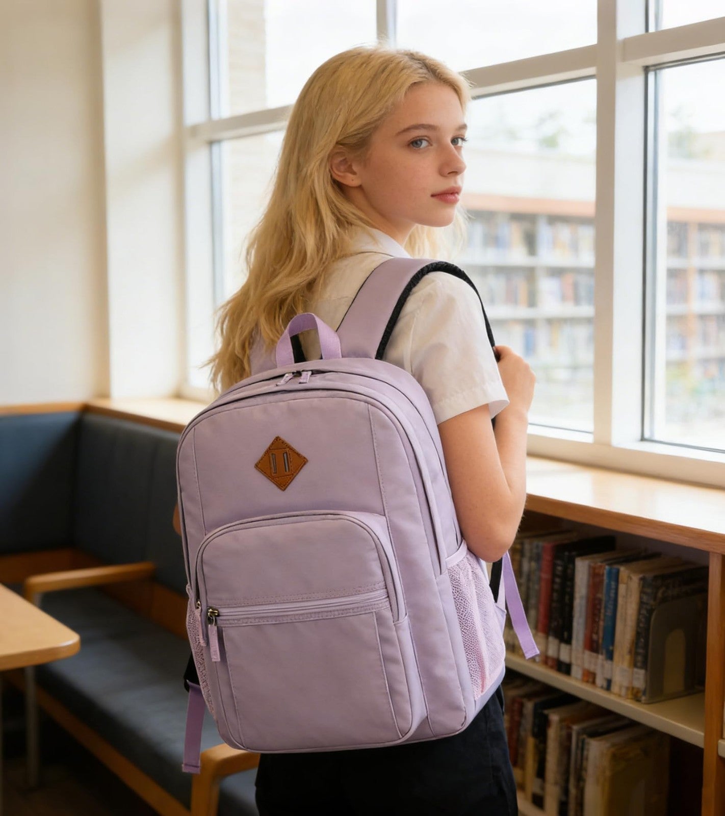 Solid Color Backpack for Girls & Women   Water Resistant School Bag, Lavender Pu2
