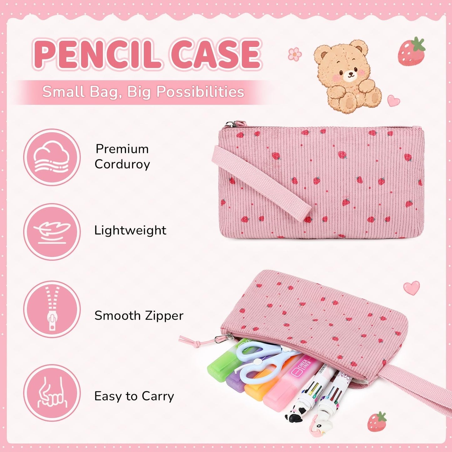 Cute Kawaii Corduroy Backpack Set for Girls - 3PCS School Bag, Lunch Box & Penci8