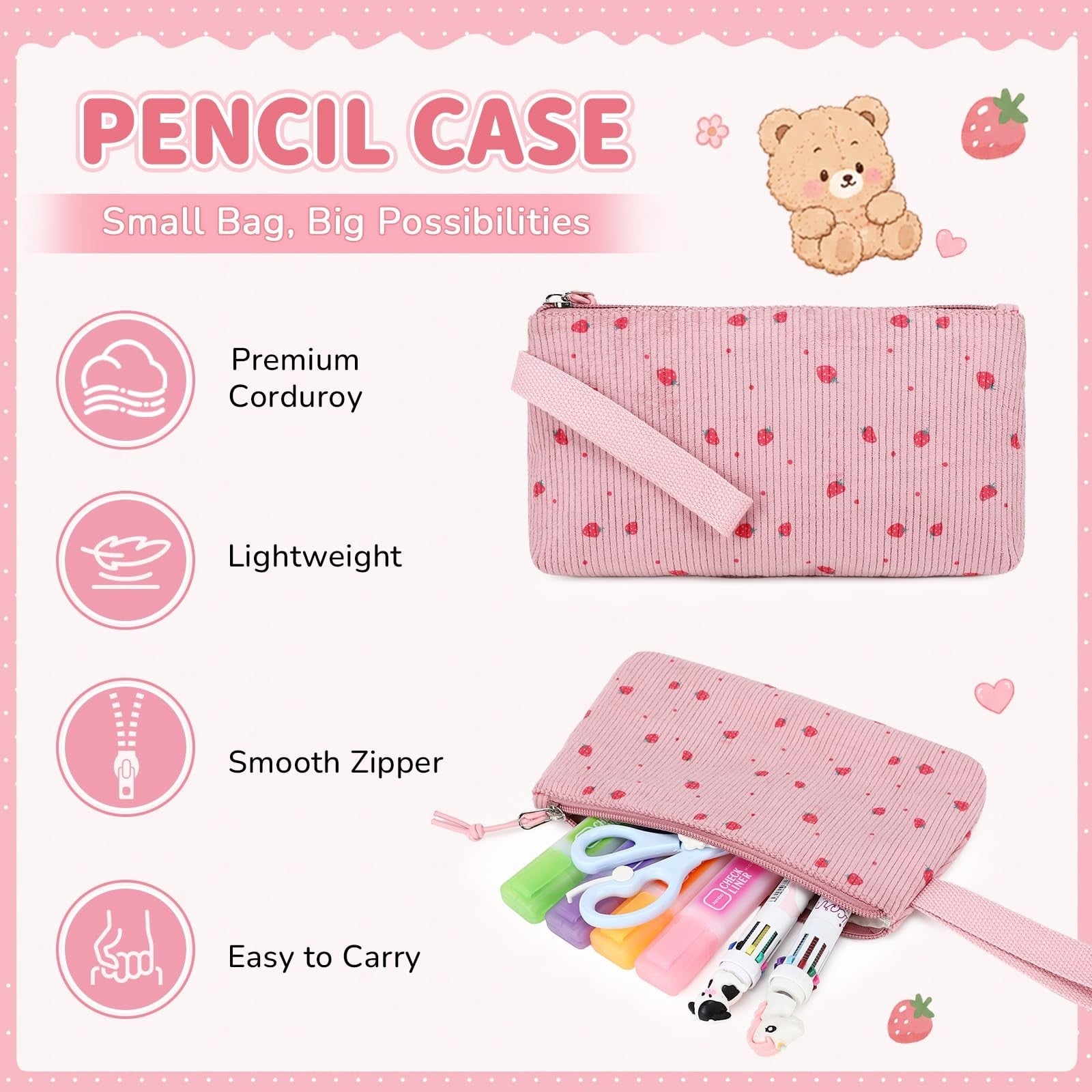 Cute Kawaii Corduroy Backpack Set for Girls - 3PCS School Bag, Lunch Box & Penci8