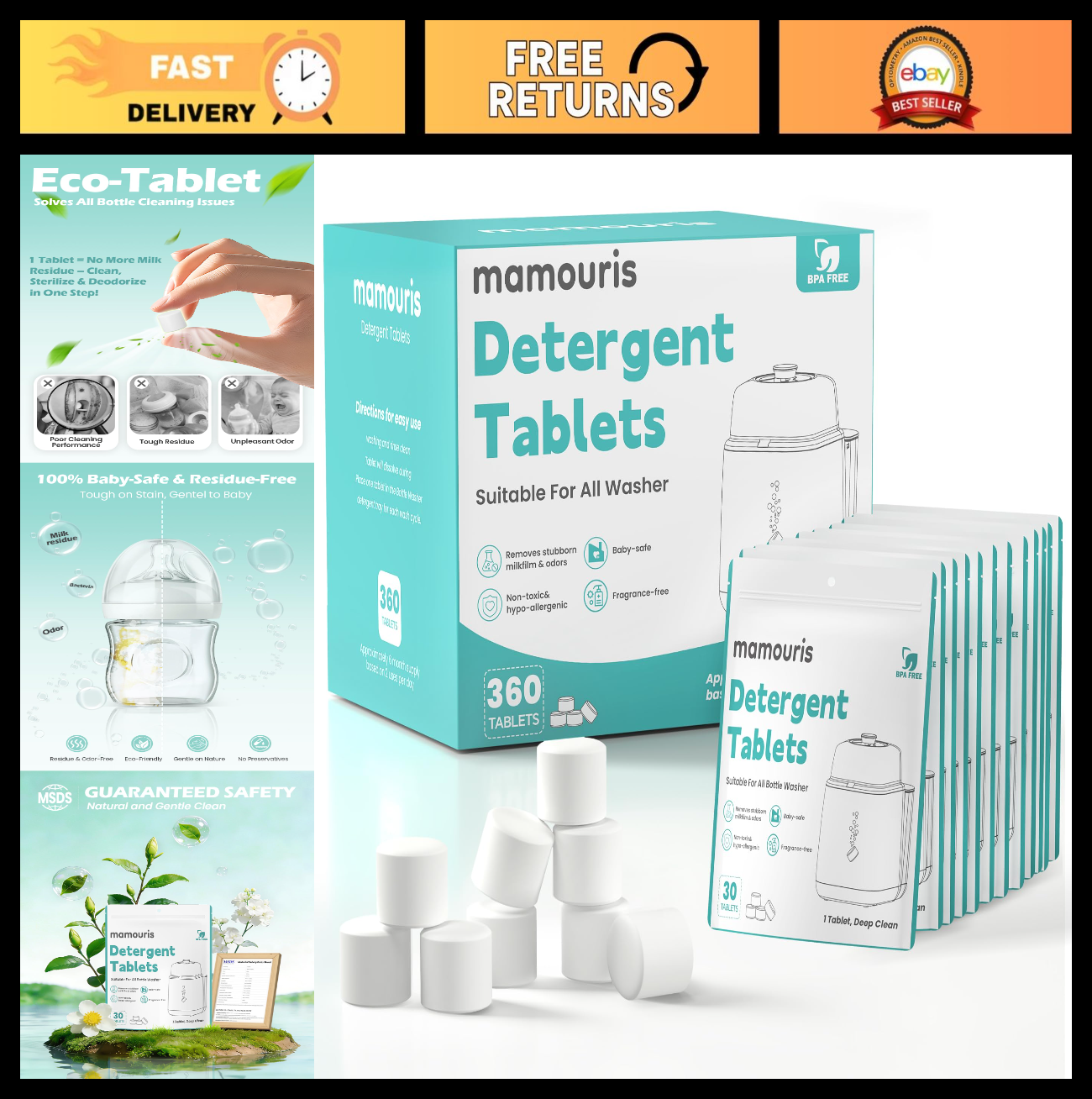 360 Count Bottle Washer Tablets - 5x Natural Enzyme Formula, Removes Milk Residu0