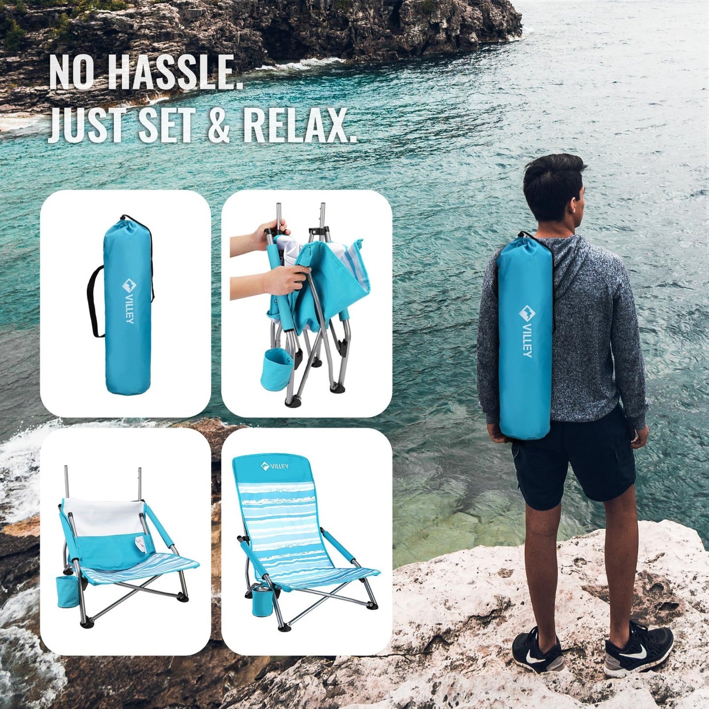 2 Pack Lightweight Folding Beach Chairs - High Back, Portable with Cup Holder -7