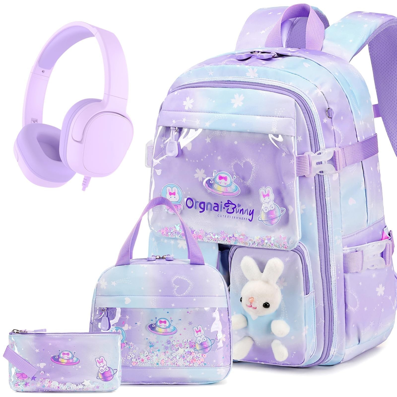 Kawaii Bunny Girls Backpack Set 4PCs   School Bag with Lunch Box & Headphones1