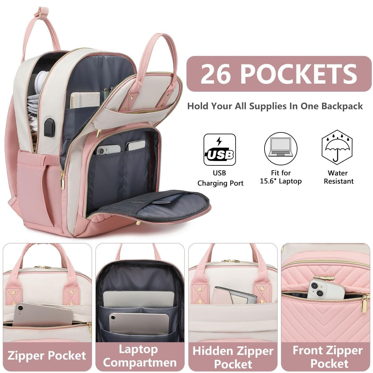 Waterproof Laptop Backpack for Women   17" College Bookbag with USB Charger, Ant2