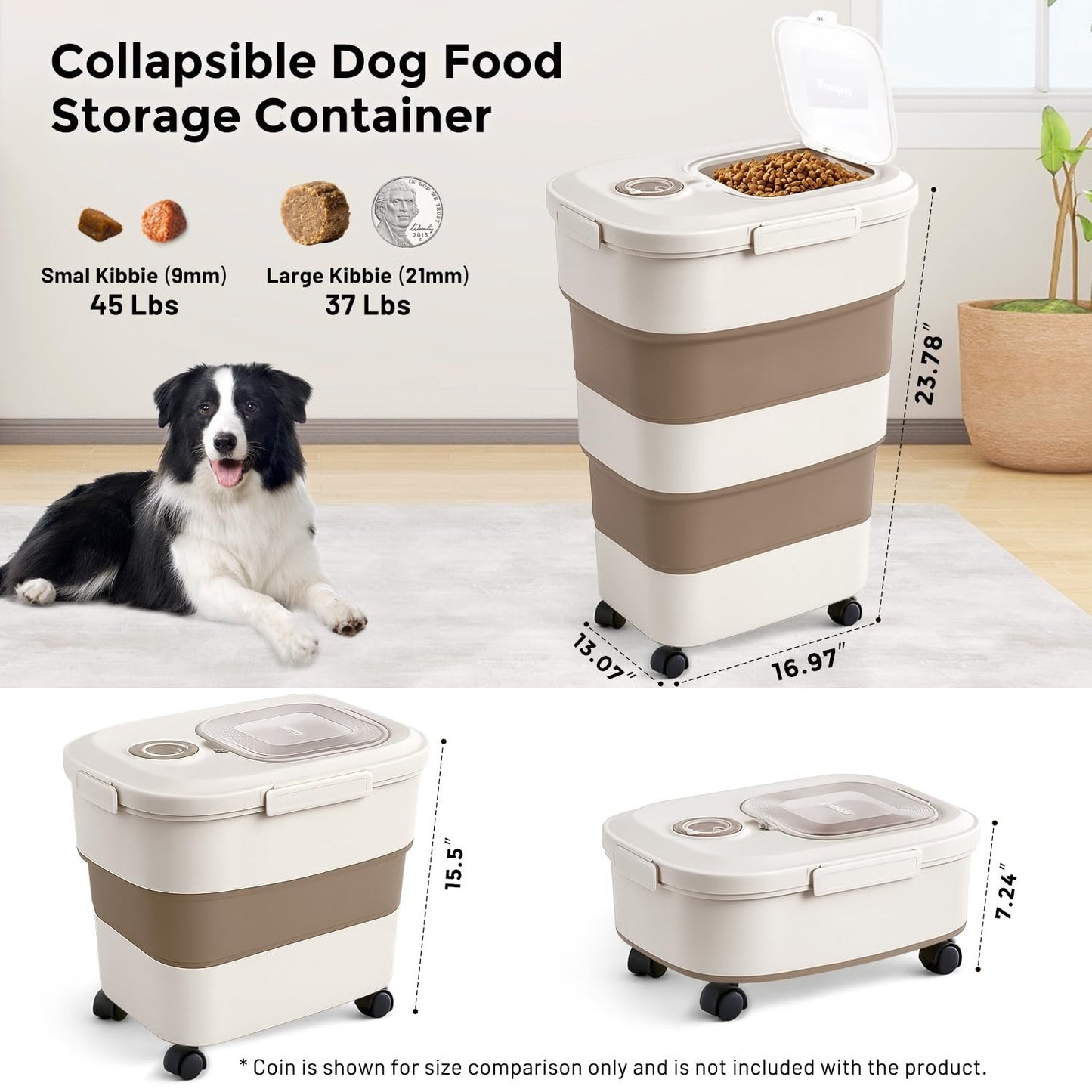 Large Airtight Dog Food Storage Container 40-50lbs with Wheels, Collapsible, Sco2