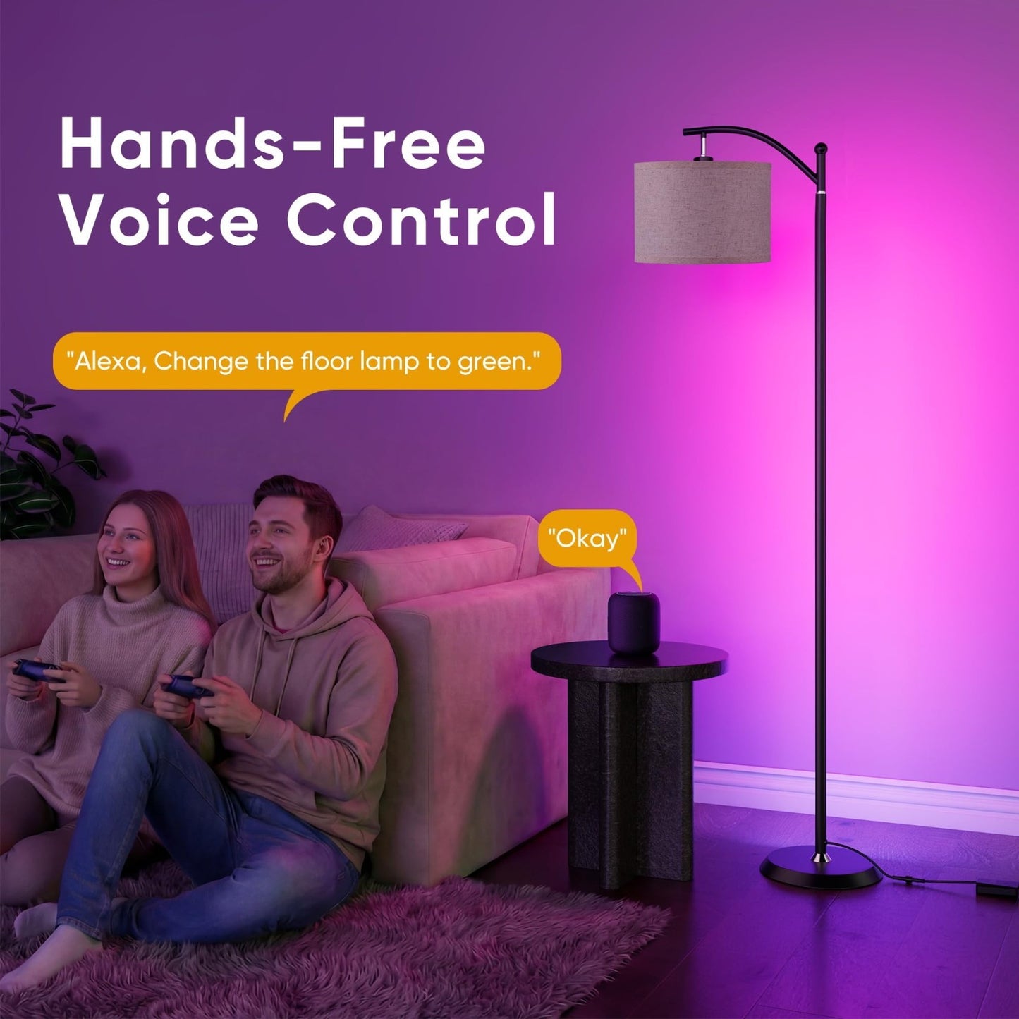 Color Changing Smart LED Corner Lamp with Linen Shade, Alexa Compatible, Music S3