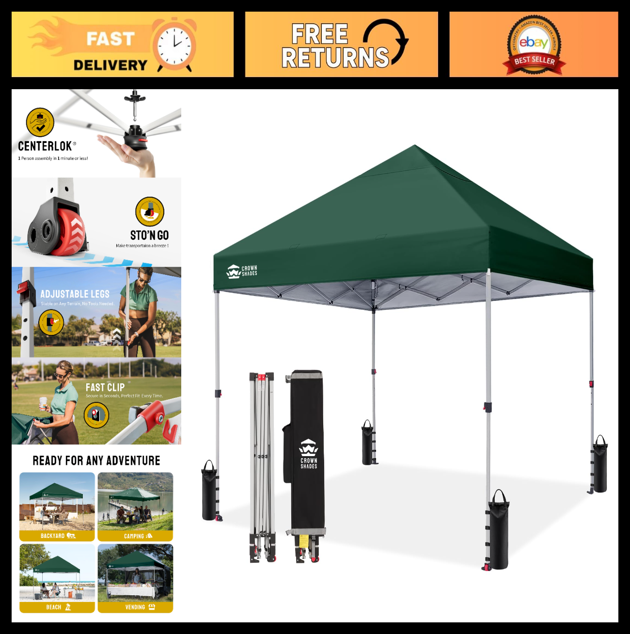 8x8 Pop Up Canopy Tent   One Push Setup, Forest Green, Easy Outdoor Sun Shade fo0