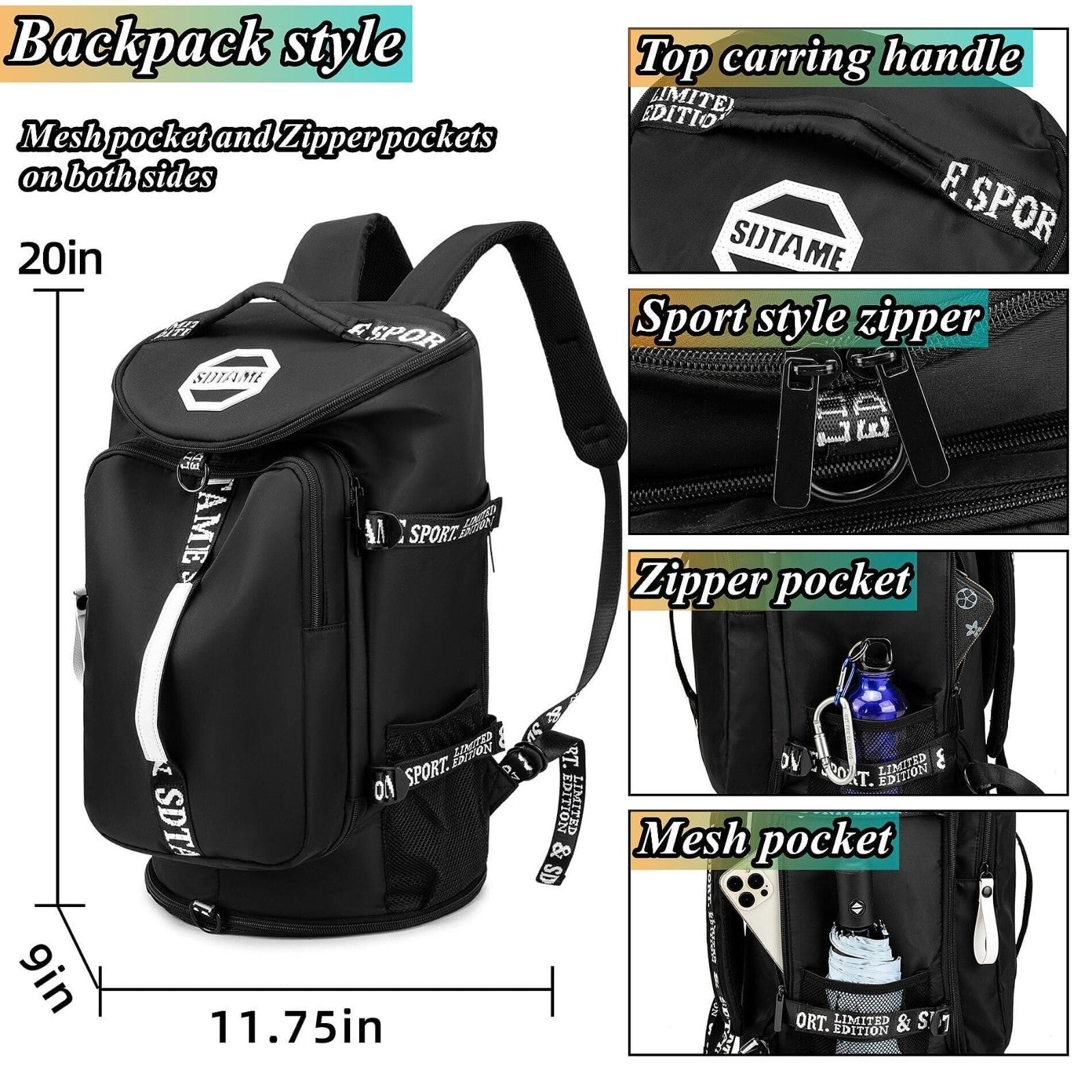 Gym Duffel Backpack with Shoe Pocket, Laptop Sleeve, Waterproof Travel Bag3