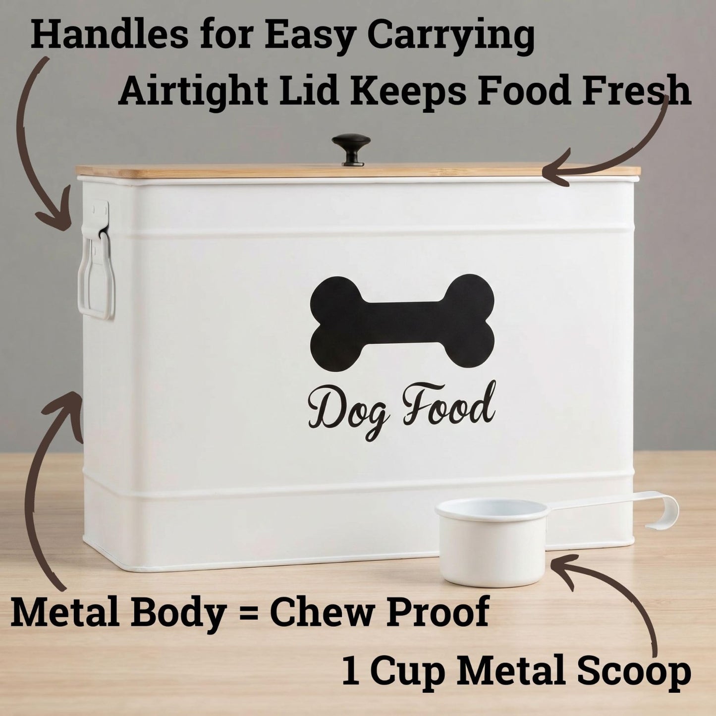 Airtight Metal Dog Food Container 15 20 lbs, 70 Cup Capacity, Bamboo Lid2