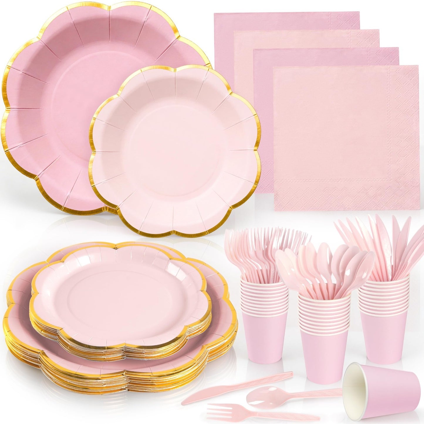 350 Pcs Pink Scalloped Paper Plates & Napkins Set for 50 Guests | Gold Rim Dispo1