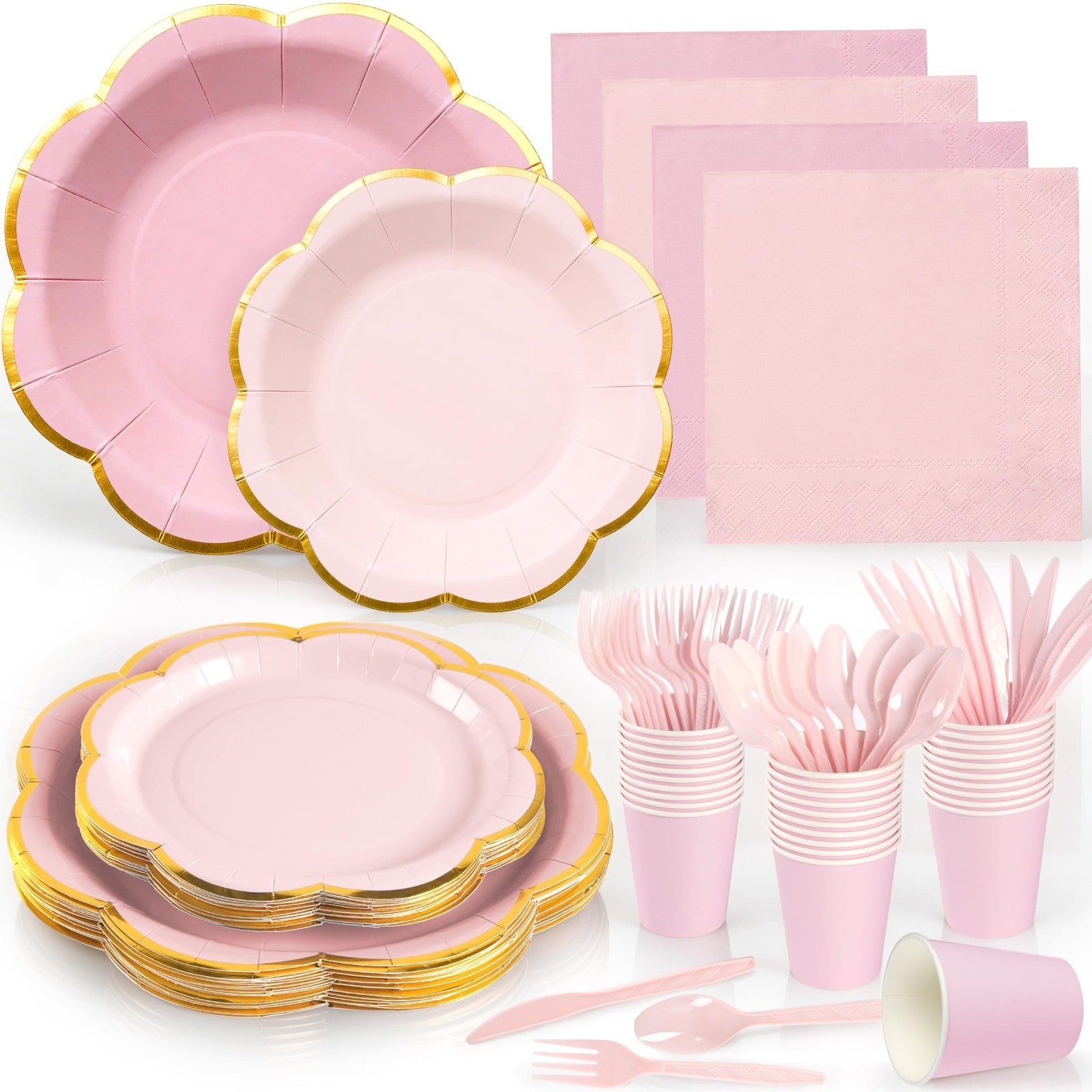 350 Pcs Pink Scalloped Paper Plates & Napkins Set for 50 Guests | Gold Rim Dispo1