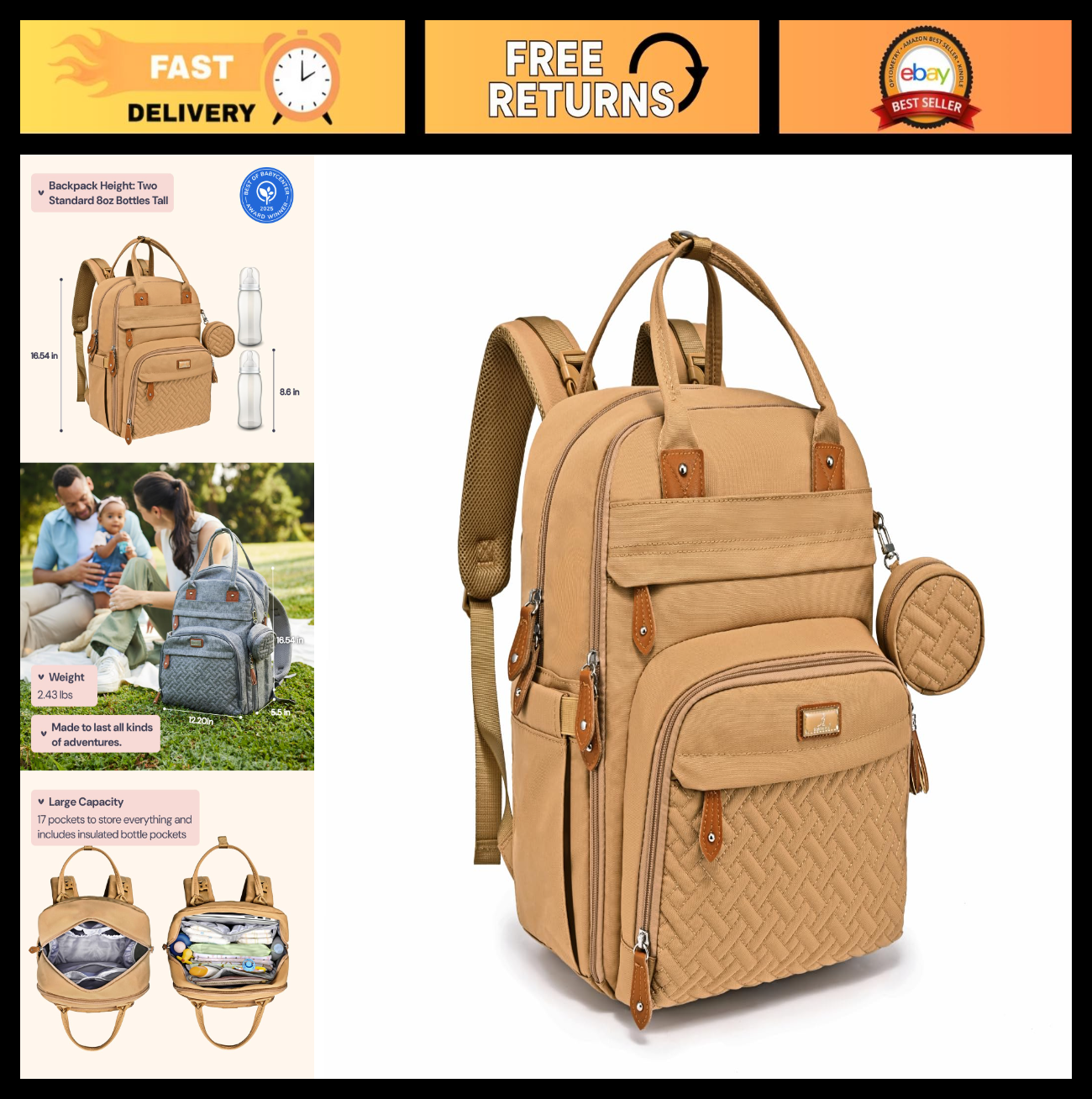 Multi Function Water Resistant Diaper Bag Backpack   Baby Travel Tote, Changing0