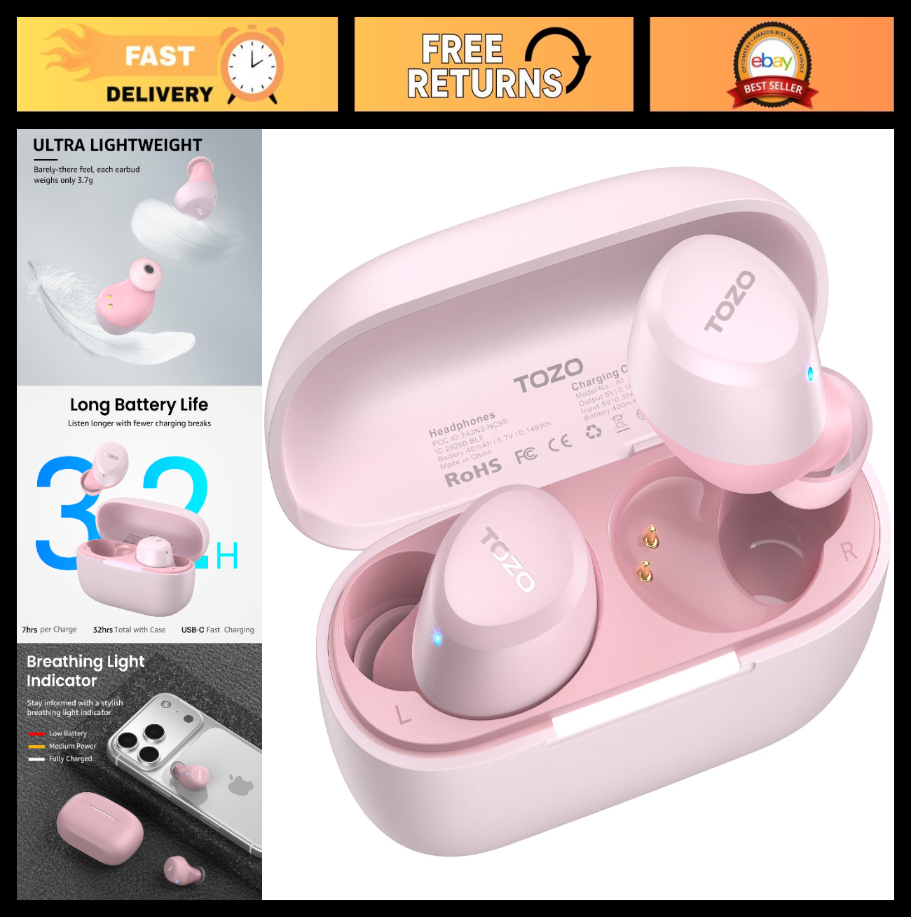 Wireless Earbuds Bluetooth 5.3, IPX5 Waterproof, AI Call Mics, Premium Sound, Ch0