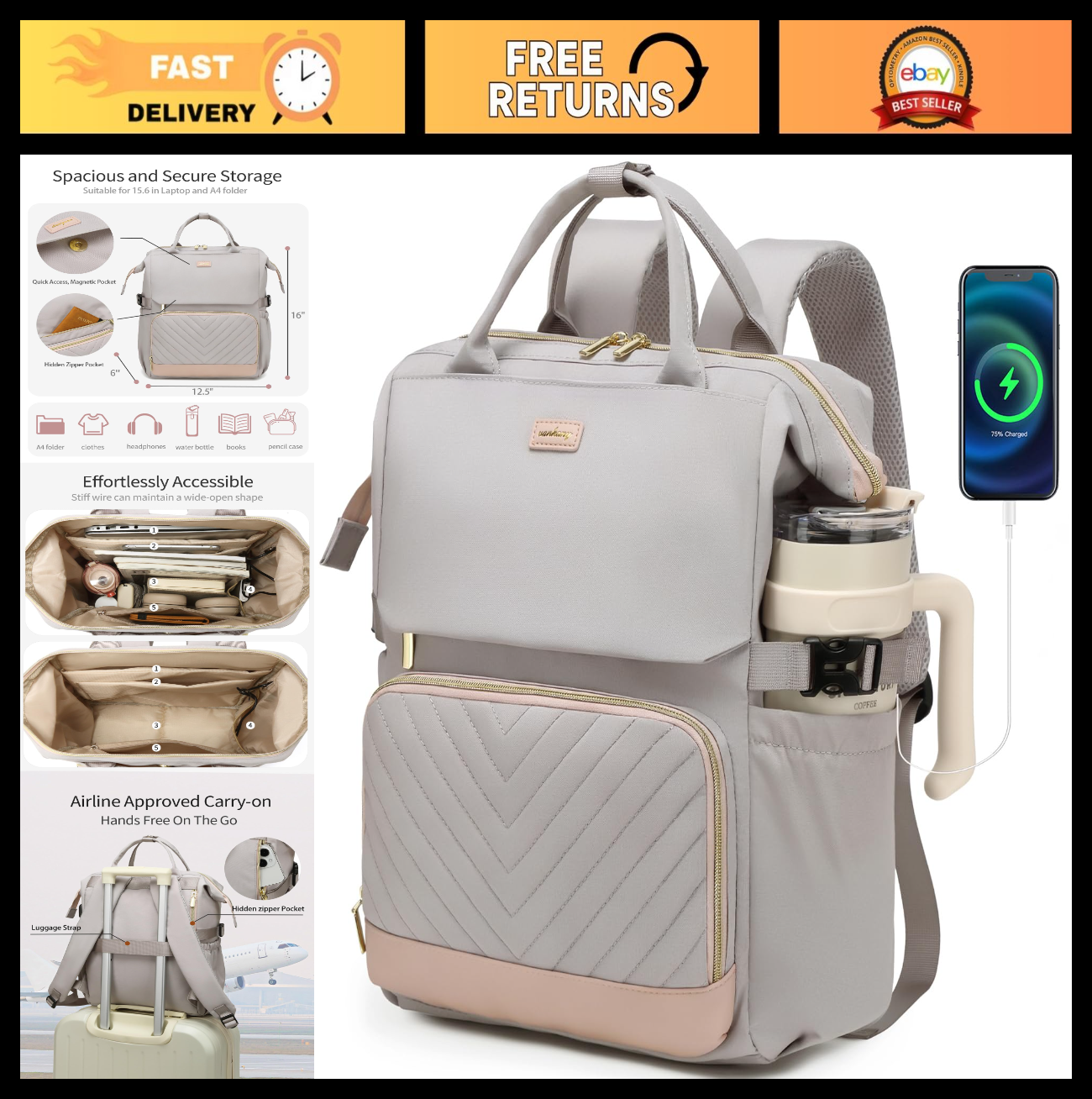 Stylish Laptop Backpack for Women, College Bookbag with USB Charger & Cup Holder0