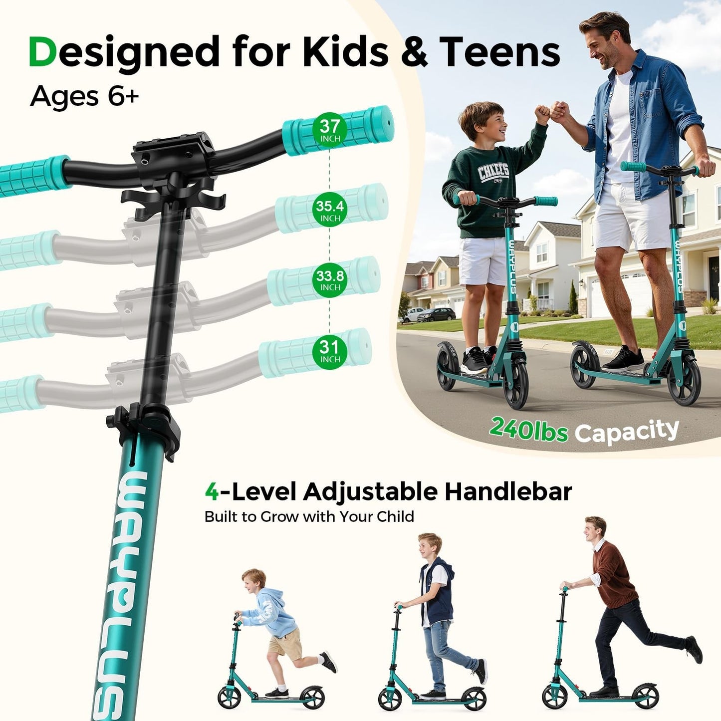 Kick Scooter for Ages 6+, Teens & Adults - 8" Big Wheels, 240lb Capacity, Smooth3