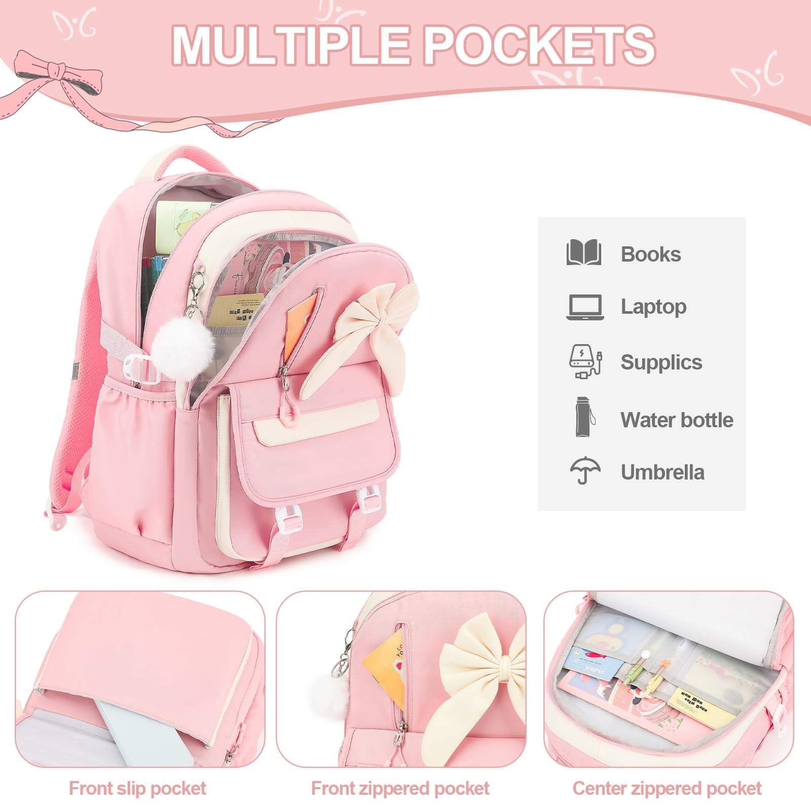 Girls Bow Backpack Set   3PCS with Lunch Bag & Pencil Case, Stylish School Bag3