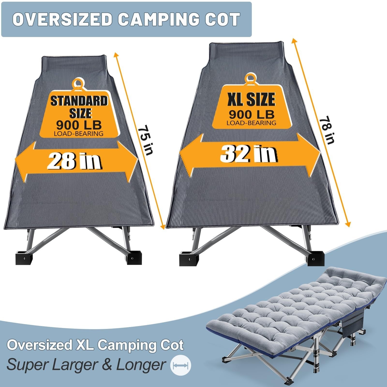 Oversized Folding Camping Cot for Adults   32" Wide, 900LBS Capacity, Includes P4