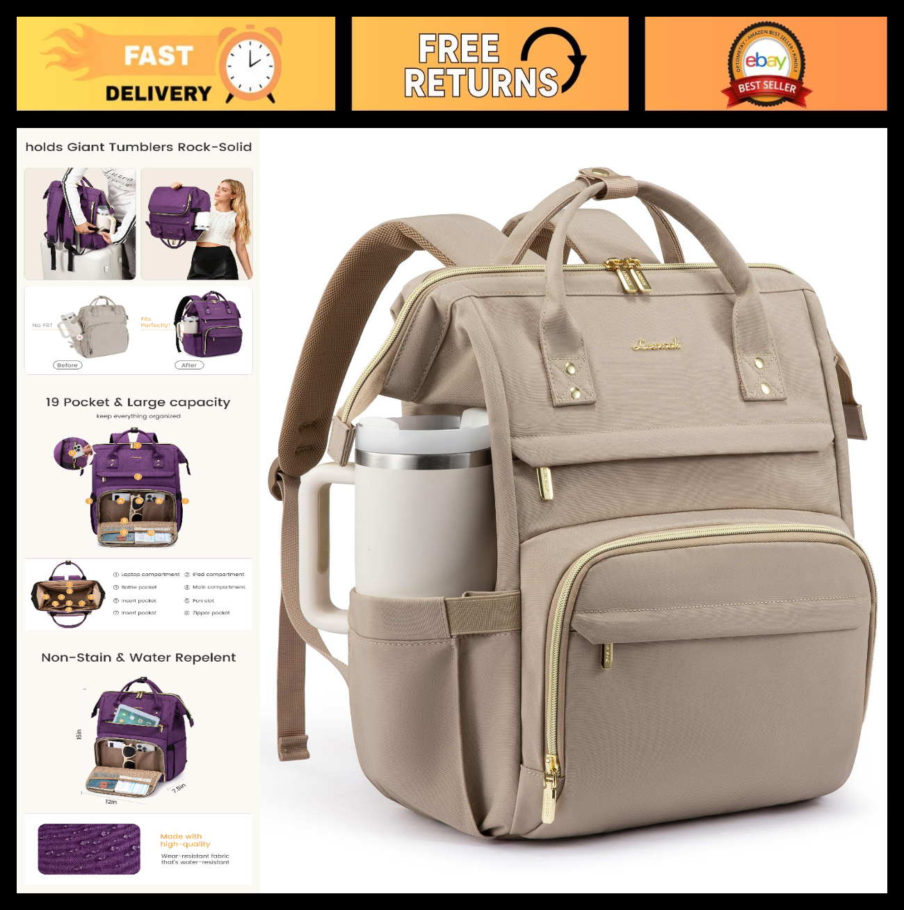 Stylish 15.6" Waterproof Laptop Backpack for Women, Large Travel Bag with Tumble0