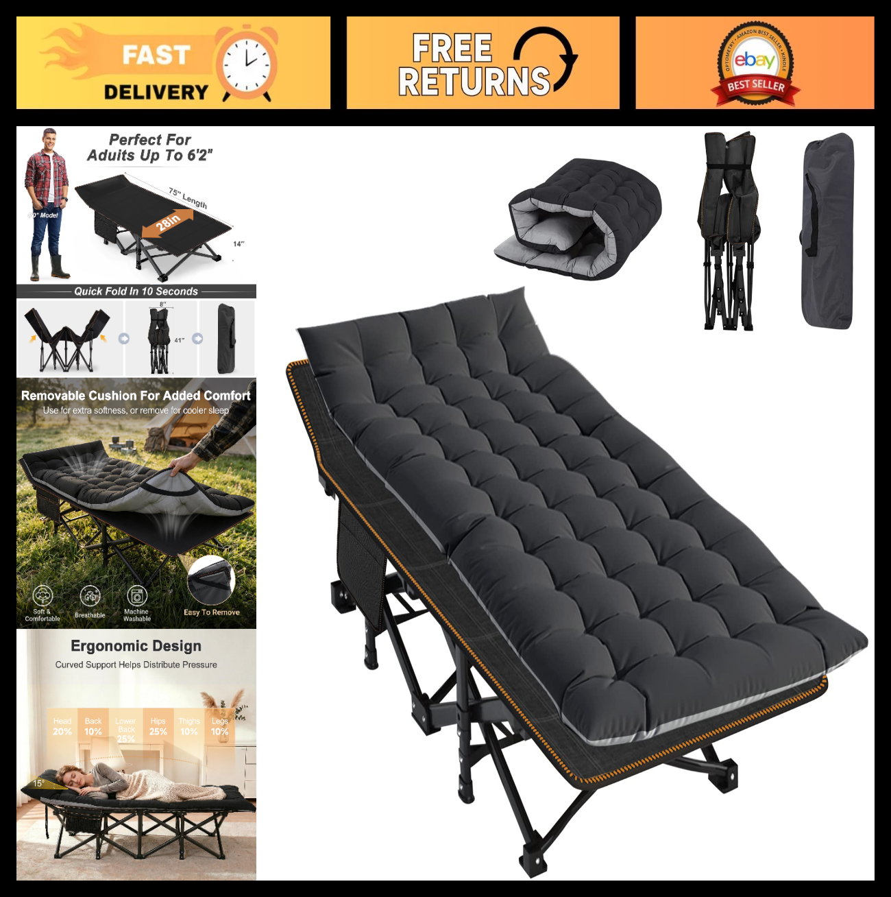 Extra Wide Camping Cot for Adults, Heavy Duty Portable Folding Bed with Mat & Ca0