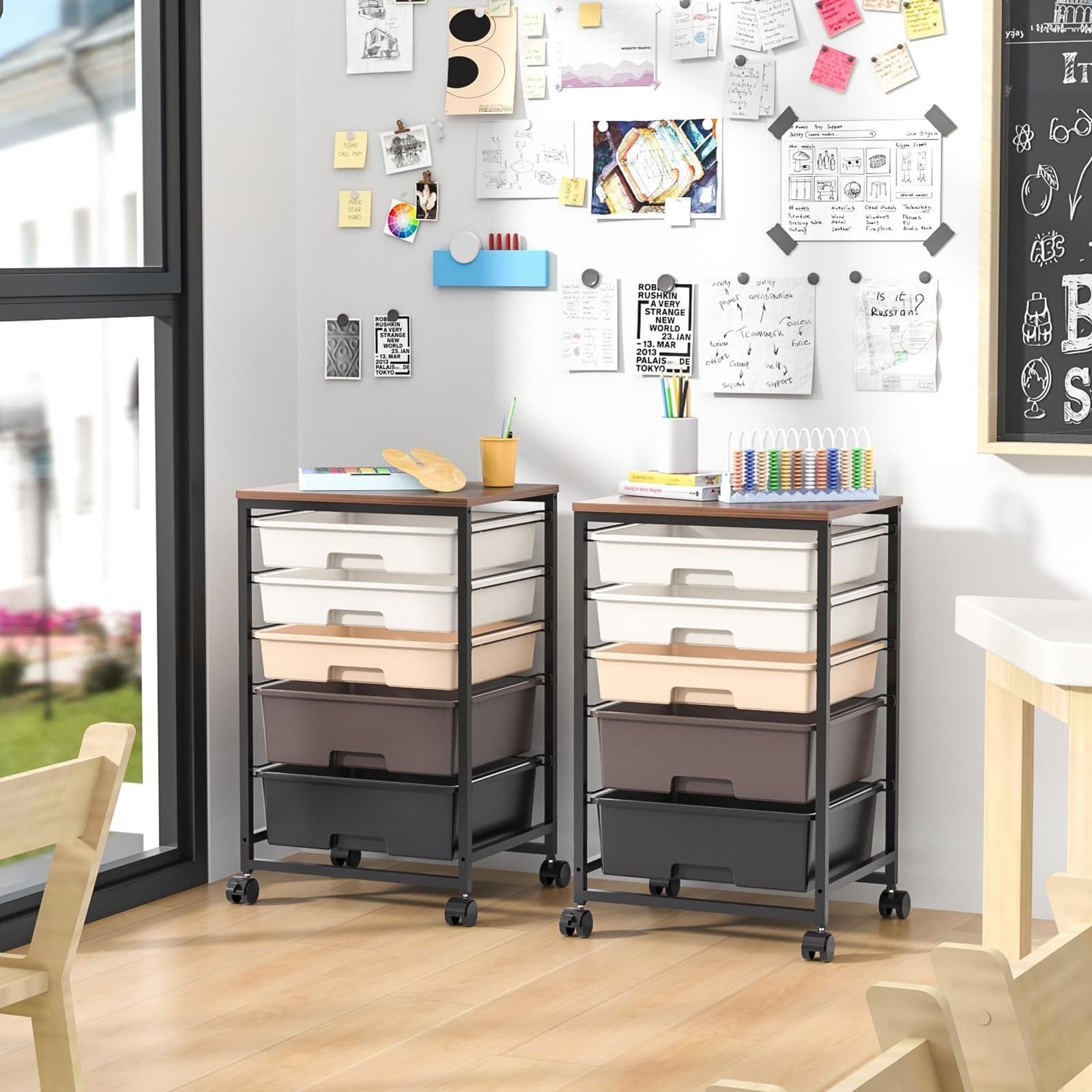5 Drawer Utility Cart with Wooden Top & Lockable Wheels   Rolling Craft Trolley8