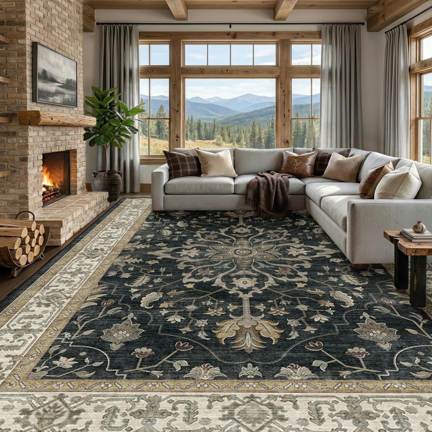 Washable 8'x10' Area Rug   Non Slip, Water Repellent, Pet Friendly, Vintage Flor3