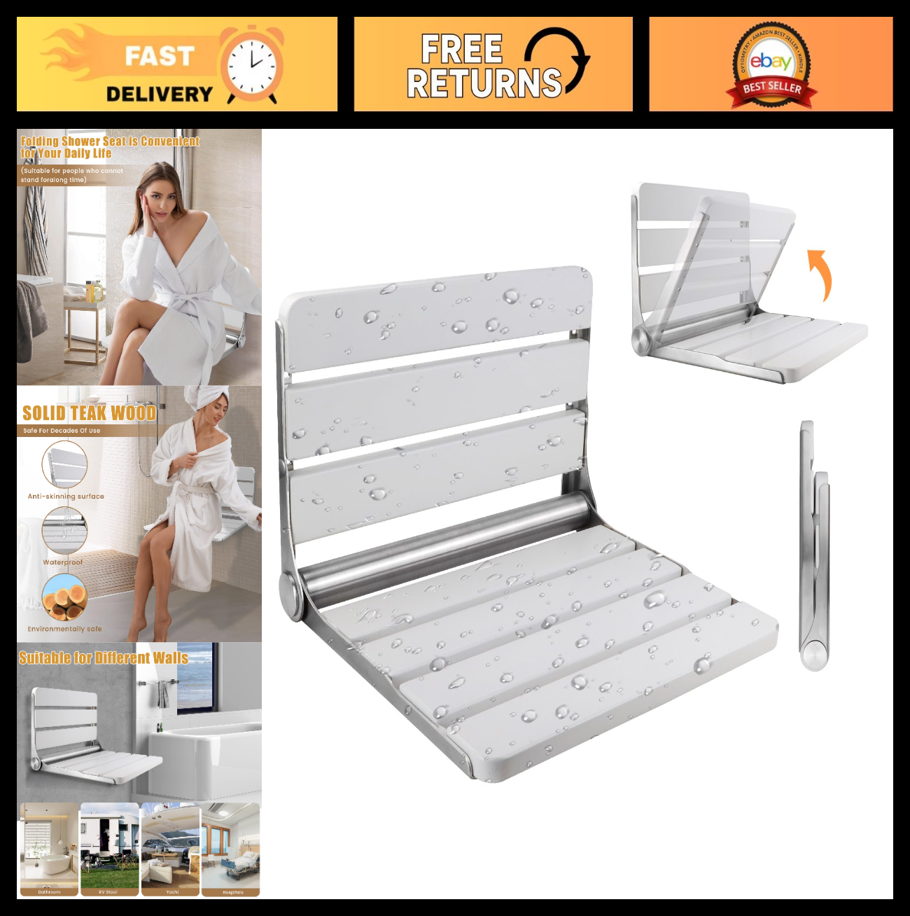 16" Teak Folding Shower Seat Wall Mounted   Space Saving Bench for Seniors, 400l0