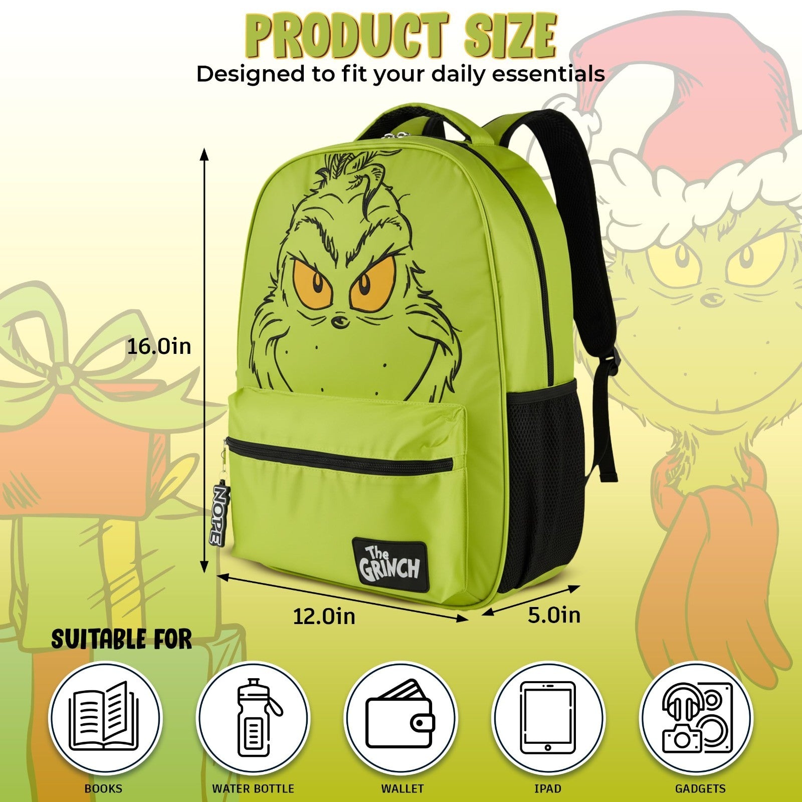 Grinch Backpack for Kids   16” Bookbag with Big Face & Molded Dangle, Green2