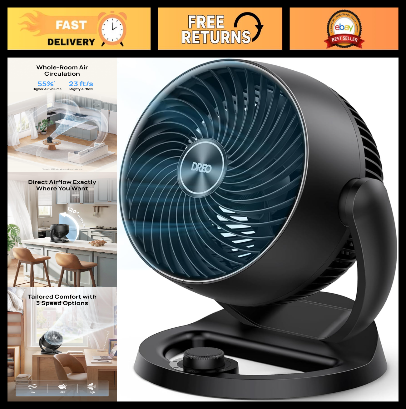 12" Quiet Table Fan   70ft Airflow, 120° Tilt, 3 Speeds, Desktop Circulator for0