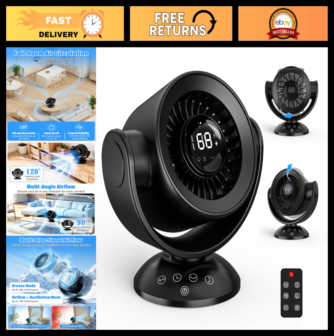 Quiet Air Circulator Fan with Remote, 90° Vertical & 120° Oscillating, 100 Speed0