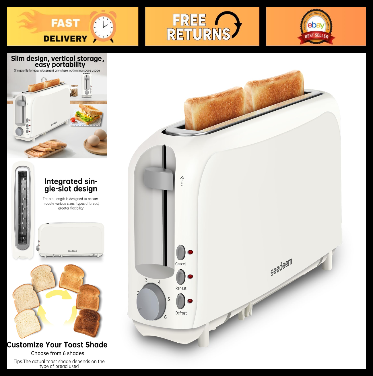 2-Slice Slim Toaster with Long Slot for Bagels & Artisan Bread, 6 Shade Settings0