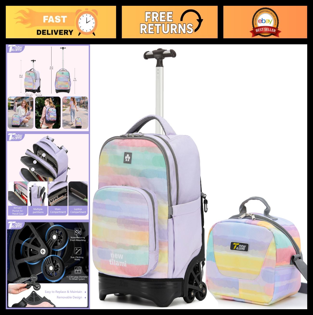 18 Inch Rolling Backpack with Lunch Bag for Kids   School Travel Bag for Boys &0