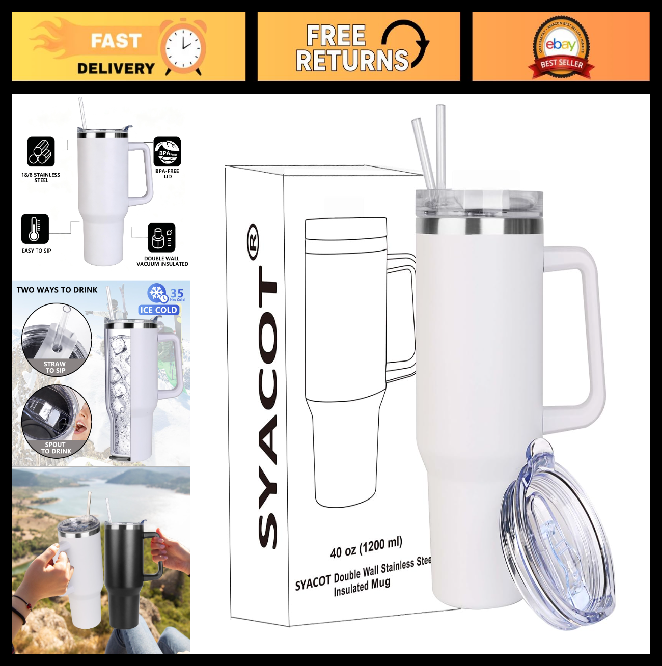 40 oz Insulated Tumbler with Handle & Straw   Leak Proof, Dishwasher Safe Travel0