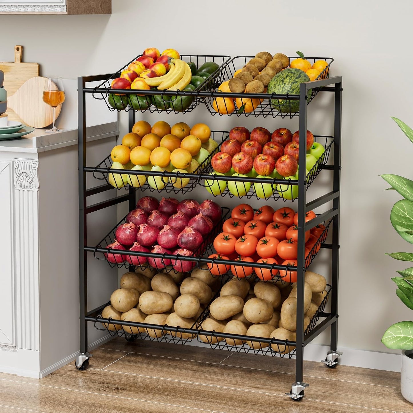 25.2" Kitchen Storage Cart   4 Tier Snack Cart with Wheels, Metal Fruit & Vegeta7