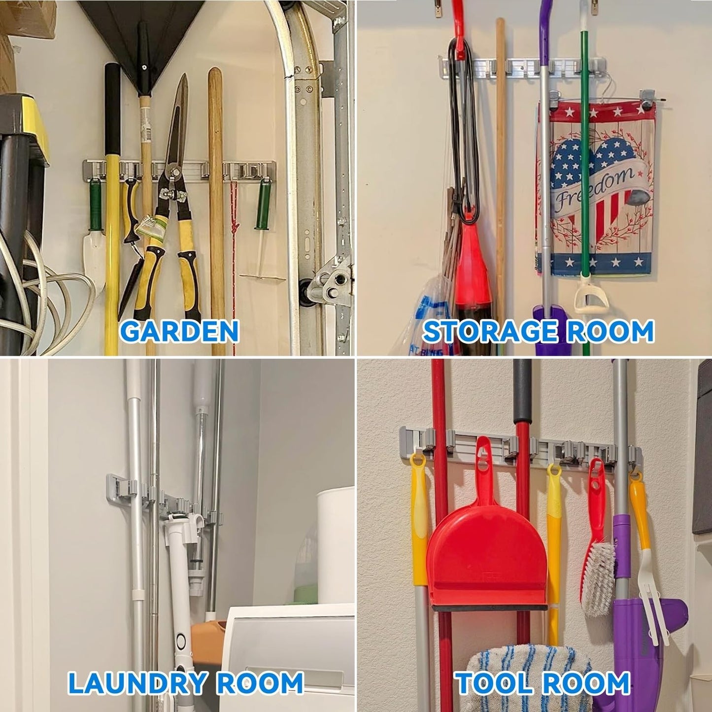 Wall Mount Broom Holder & Mop Hanger - 4 Racks & 5 Hooks Tool Organizer5